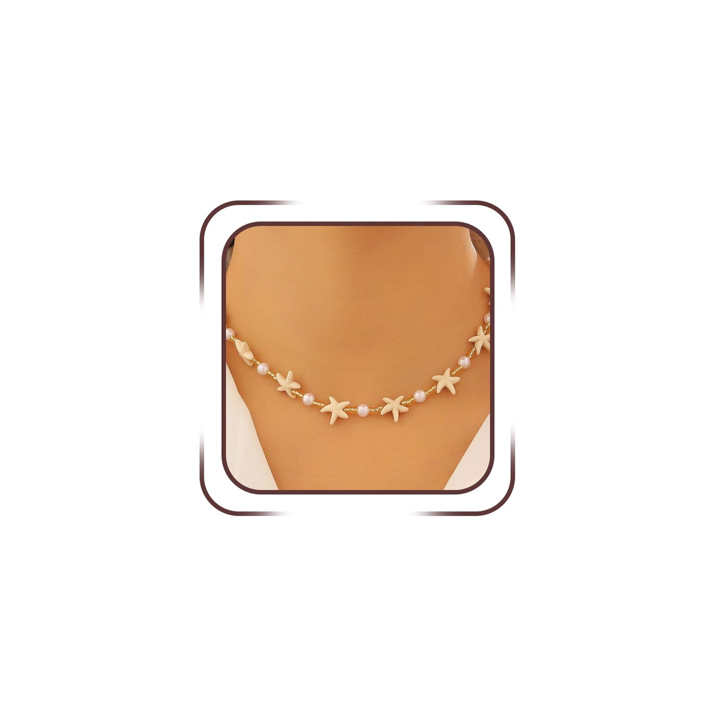 Dainty Starfish Pearl Beaded Choker Necklace, Layered Sea Shell Pearls Pendant Star Beads Necklaces for Women Chic Sweet Beach Coastal Party Jewelry Gift (Gold 1)