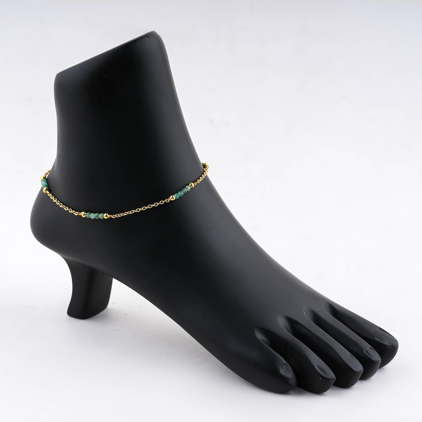 CRYSTALINES Natural Emerald Gemstone Beads, Handmade Station Dangle Star Charms Anklet, 14K Gold Plated, Adjustable Fashion Boho Jewelry for Women, Healing Crystals, Christmas Gift
