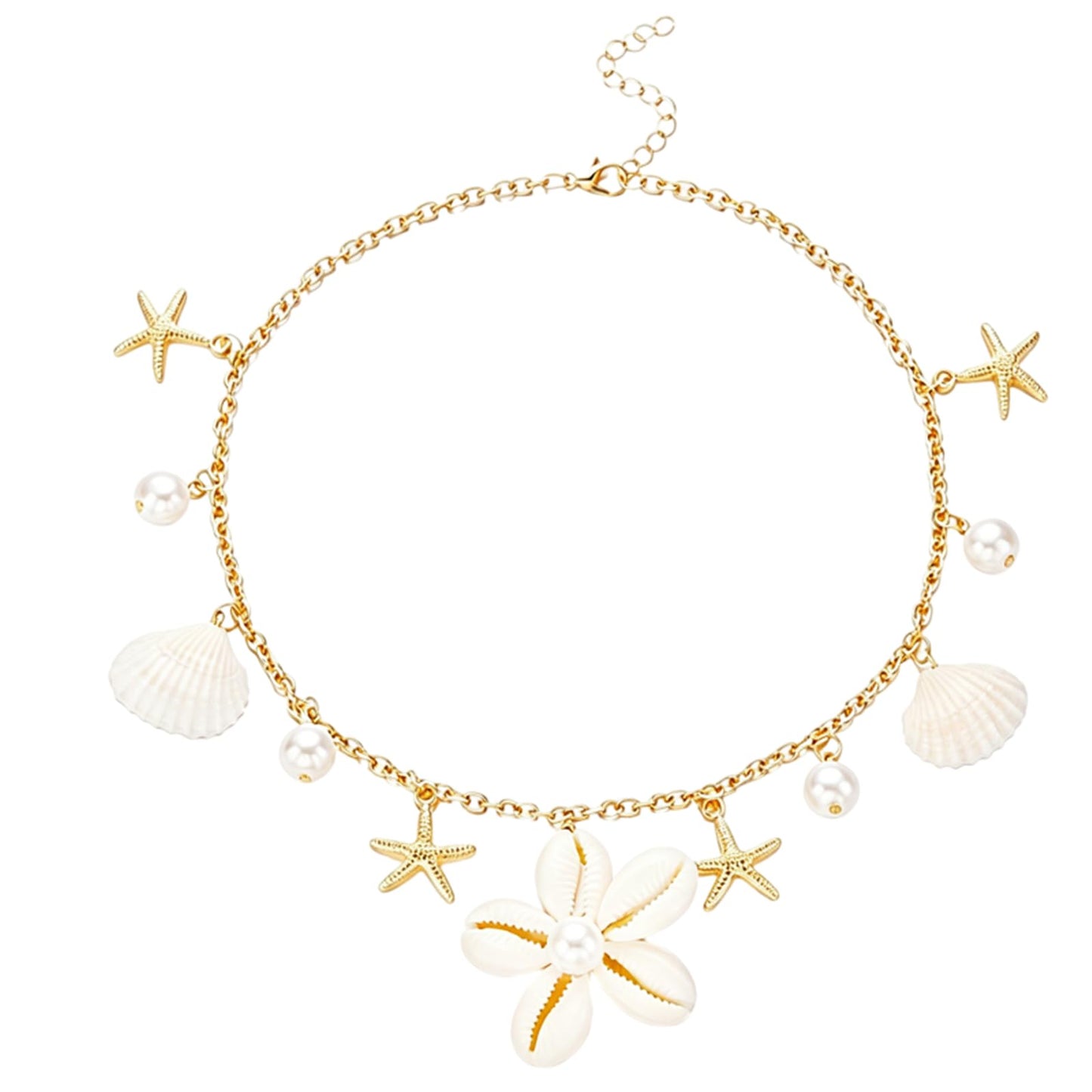 Seashell Flower Charm Necklace for Women Gold Plated Bohemian Starfish Sea Shell Cowrie Conch Floral White Pearl Ball Pendant Necklace for Ocean Summer Coastal Beach Holiday Outfits Trendy Jewelry (White)