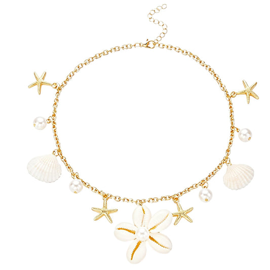 Seashell Flower Charm Necklace for Women Gold Plated Bohemian Starfish Sea Shell Cowrie Conch Floral White Pearl Ball Pendant Necklace for Ocean Summer Coastal Beach Holiday Outfits Trendy Jewelry (White)