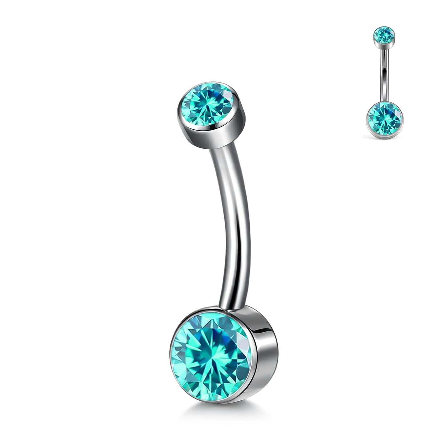 XUU Titanium Belly Button Rings, Black & Silver – 14G Internally Threaded Navel Piercing Jewelry, 10mm & 12mm Curved Barbells with 7 Colors Gems – Hypoallergenic (Silver-Ocean Blue cz, 10MM)