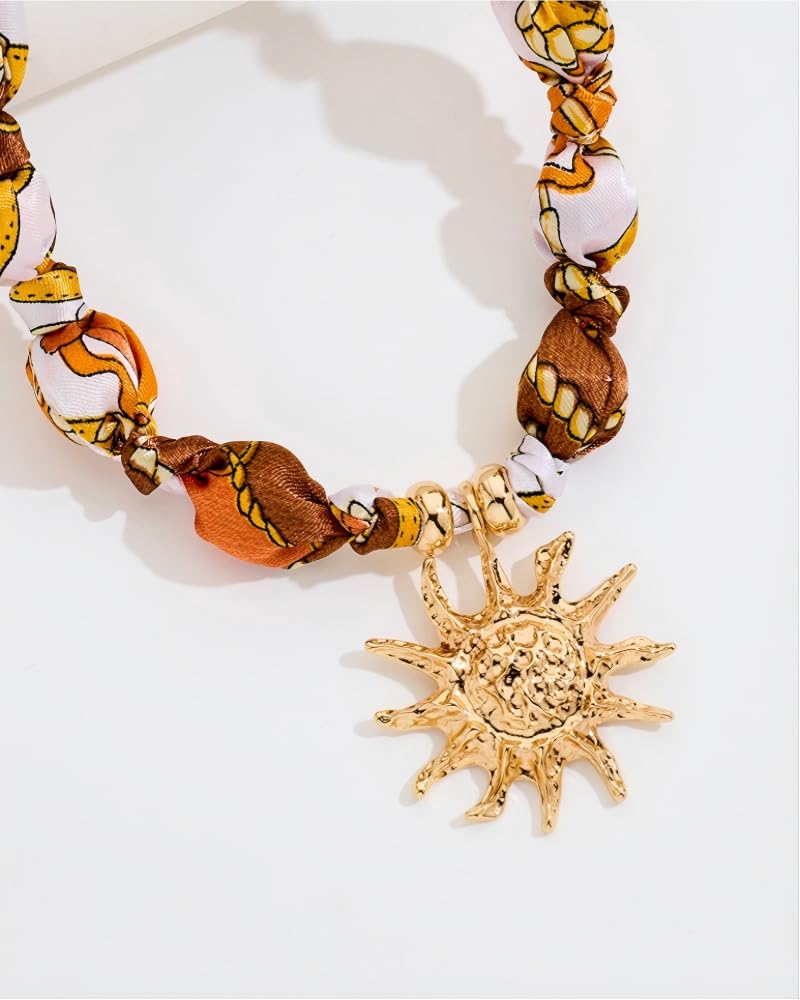 FAUTHENTICUTE Large Gold Sun Pendant Necklace For Women Boho Silk Scarf Statement Necklace Adjustable Choker Necklaces Perfect for Beach Summer Mothers Day Gifts