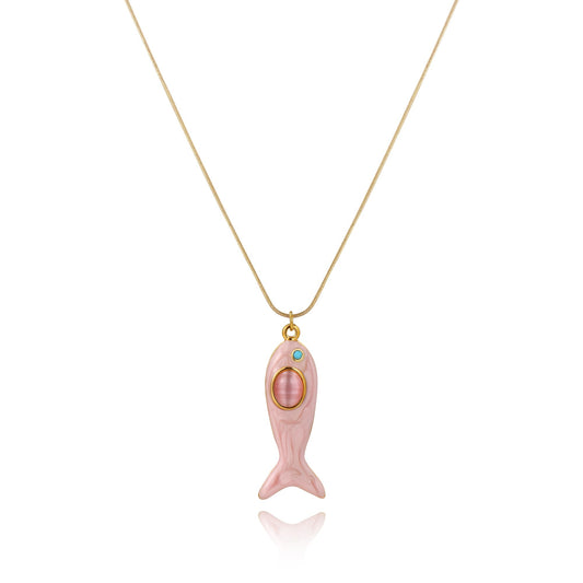 WASAIE Boho Summer Pink Fish Sea Pendant Charms Necklace For Women,Colored Seashore Ocean Holiday Stainless Steel Chain Surfer Jewelry Choker Necklace Adjustable