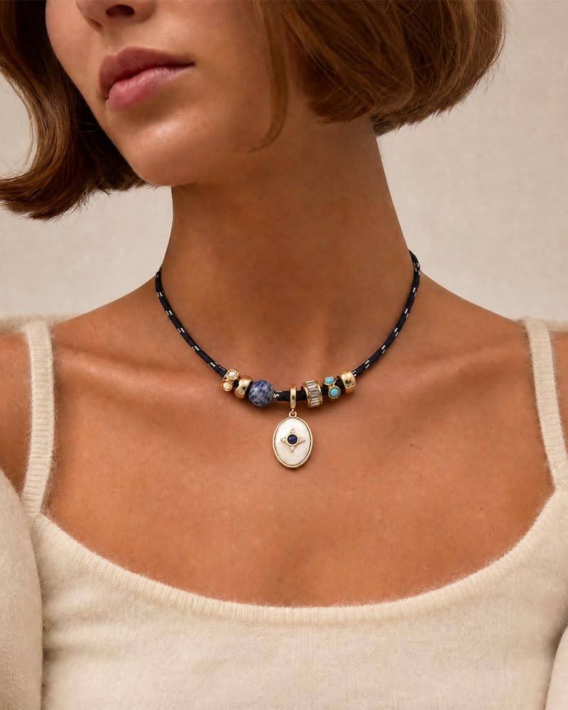 MYCUTEY Mother of Pearl Cord Pendant Necklace for Women Adjustable Statement Necklace with Natural Stone & Mother of Pearl Charm Trendy Rope Charm Necklaces Boho Jewelry Gifts