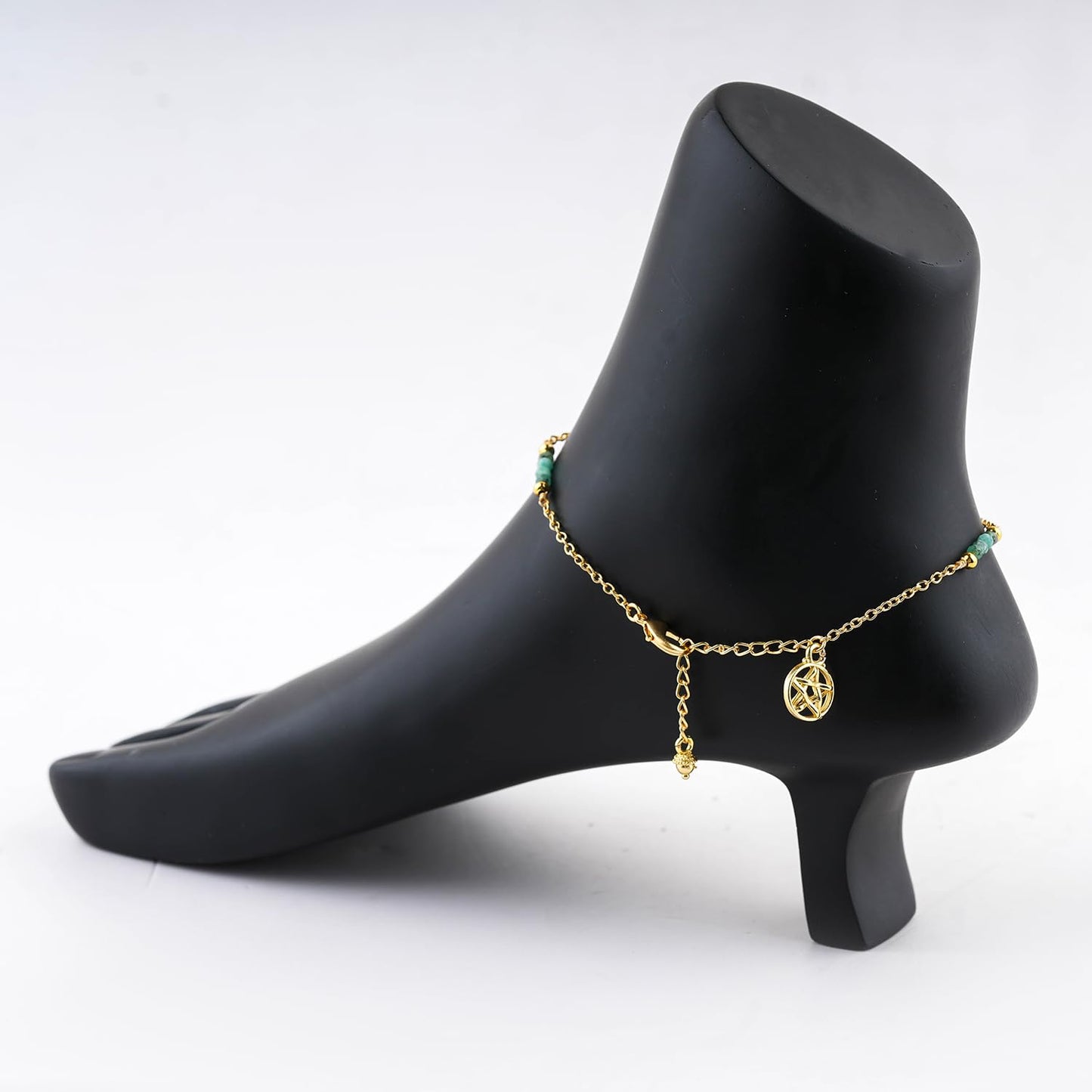 CRYSTALINES Natural Emerald Gemstone Beads, Handmade Station Dangle Star Charms Anklet, 14K Gold Plated, Adjustable Fashion Boho Jewelry for Women, Healing Crystals, Christmas Gift