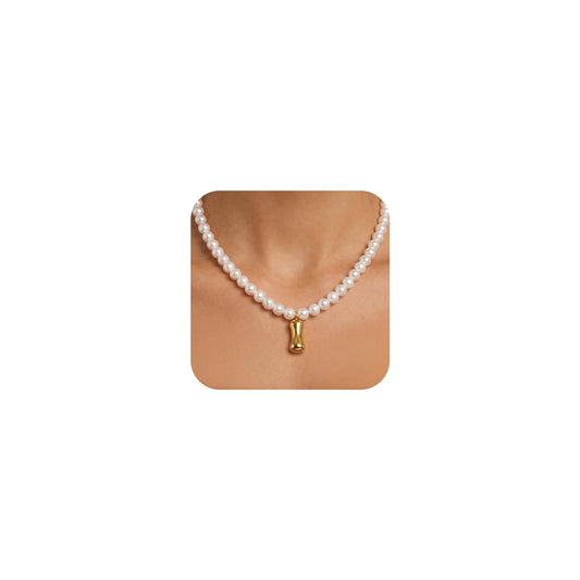 DoDoBeads Pearl Initial Necklace, 18K Gold Plated Stainless Steel Balloon Letter Pendant I, Non-Tarnish Waterproof Chunky Monogram Jewelry Gifts for Women Teens