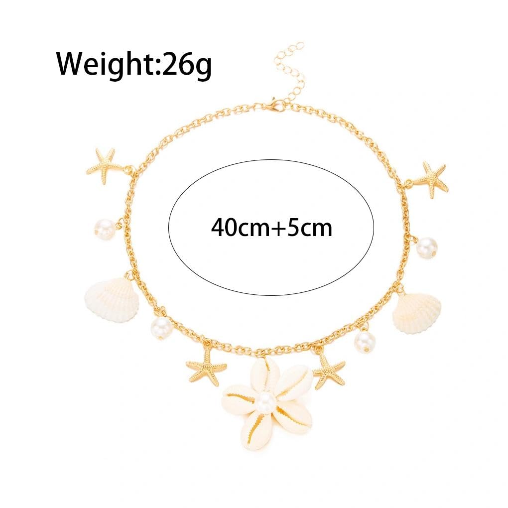 Gold Starfish Seashell Flower Charms Necklace for Women, Boho Adjustable Pearl Chain Choker Necklace Vintage Beachy Statement Jewelry Vacation Gifts (White)