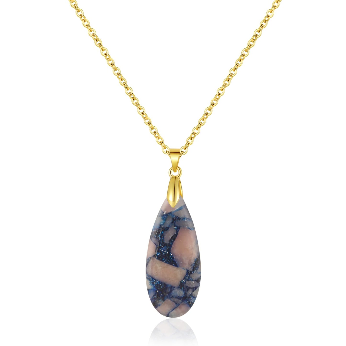 Sriomu Natural Healing Stone Chain Necklaces for Women Teardrop Gemstone Pendant Statement Gold Necklace (Blue Pink - Gold)
