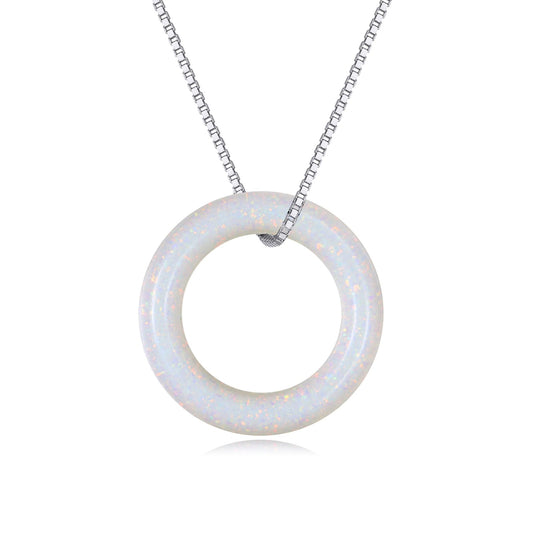 AOBOCO Circle Opal Necklace 925 Sterling Silver Circle Necklace for Women with Austrian Crystal Jewelry for Women Birthday Graduation Holiday Gift (Dia 0.78" Opal)