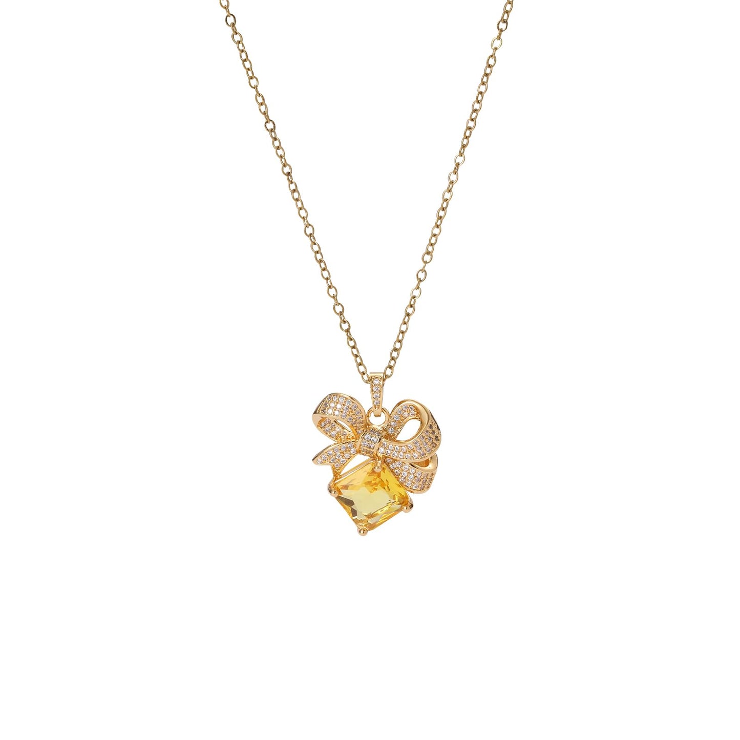 Yellow Square Citrine Bow Necklace for Women-Gold Plated November Birthstone Healing Crystal Vintage Necklace For Valentines Day Mother's Day Christmas Birthday Gifts