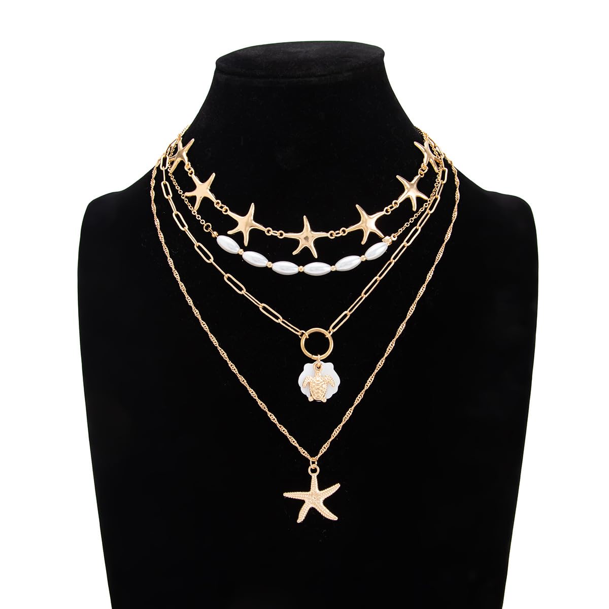 4PCS Layered Sea Turtle Starfish Pendant Necklace For Women Faux Pearl Coastal Beach Vacation Summer Choker Collar Gold Tone Ocean Jewelry Gift (Gold)
