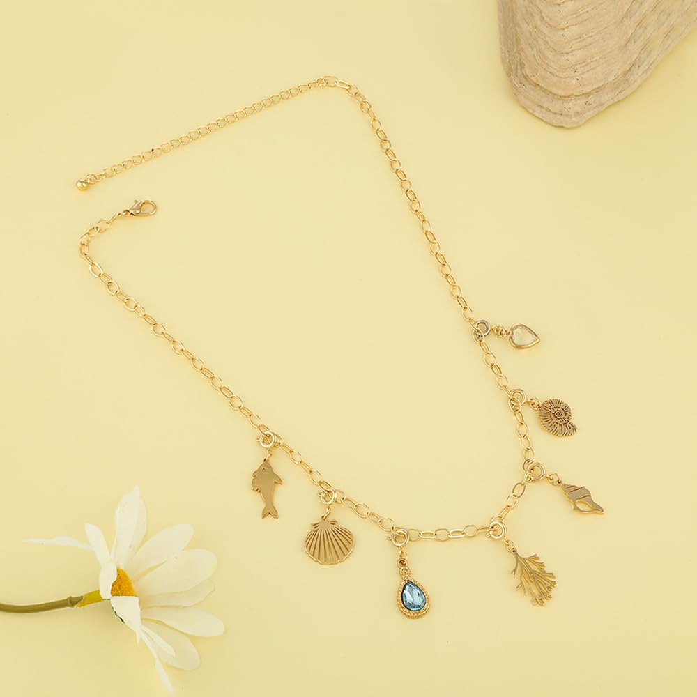 Rambling Rose 14K DIY Charms Necklace,Coral Necklace Beach by the Sea Ocean vacation necklace Gold Shell Pendant Necklaces (Style J)