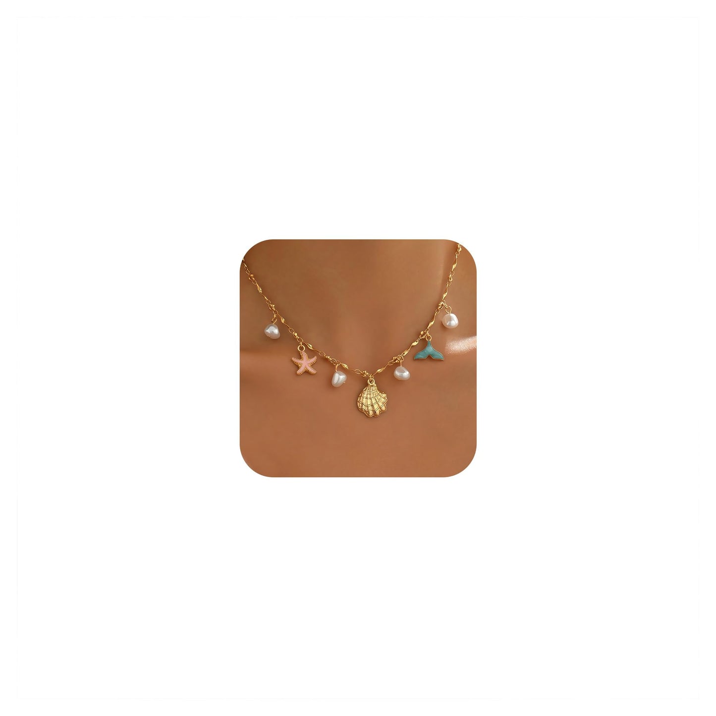 Shell Starfish Necklace for Women, 14k Gold Plated Boho Layered Beaded Charm Pendant Necklace, Dainty Adjustable Pearl Conch Summer Beach Vacation Jewelry Gifts(Colorful)