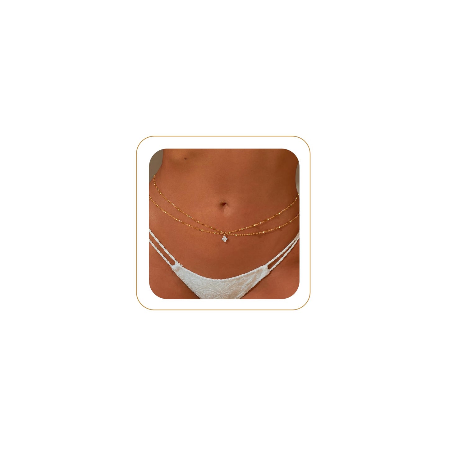 MOODEAR 14K Gold Plated Waist Chain for Women - Layered Non Tarnish Belly Chains Drop Cubic Zirconia Body Chain Waterproof Jewelry Sexy Bikini Belt Gift for Summer Beach