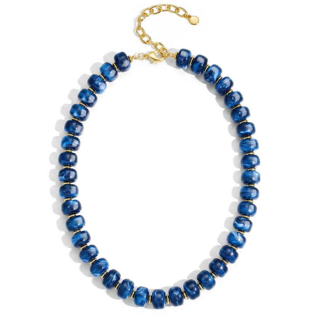 FAUTHENTICUTE Blue Beaded Chunky Statement Necklace for Women Adjustable Gold Tone Choker Boho Navy Blue Bead Collar Necklace Trendy Summer Beach Fashion Jewelry Gifts
