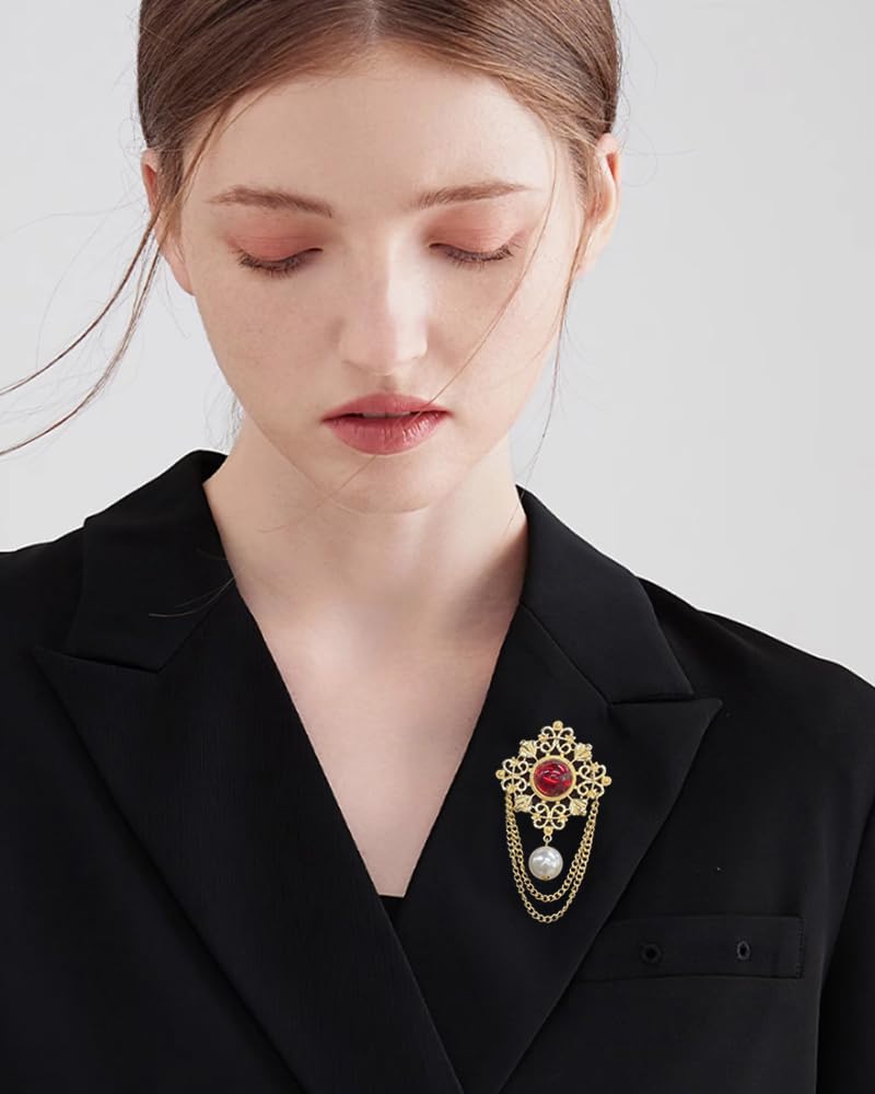 Vintage Round Simulated Pearl Filigree Flower Chain Tassel Brooches Lapel Pins for Women Girls Party Dance Banquet Dainty Boho Dangle Drop Pin Dress Suit Clothes Accessories Jewelry (Red)