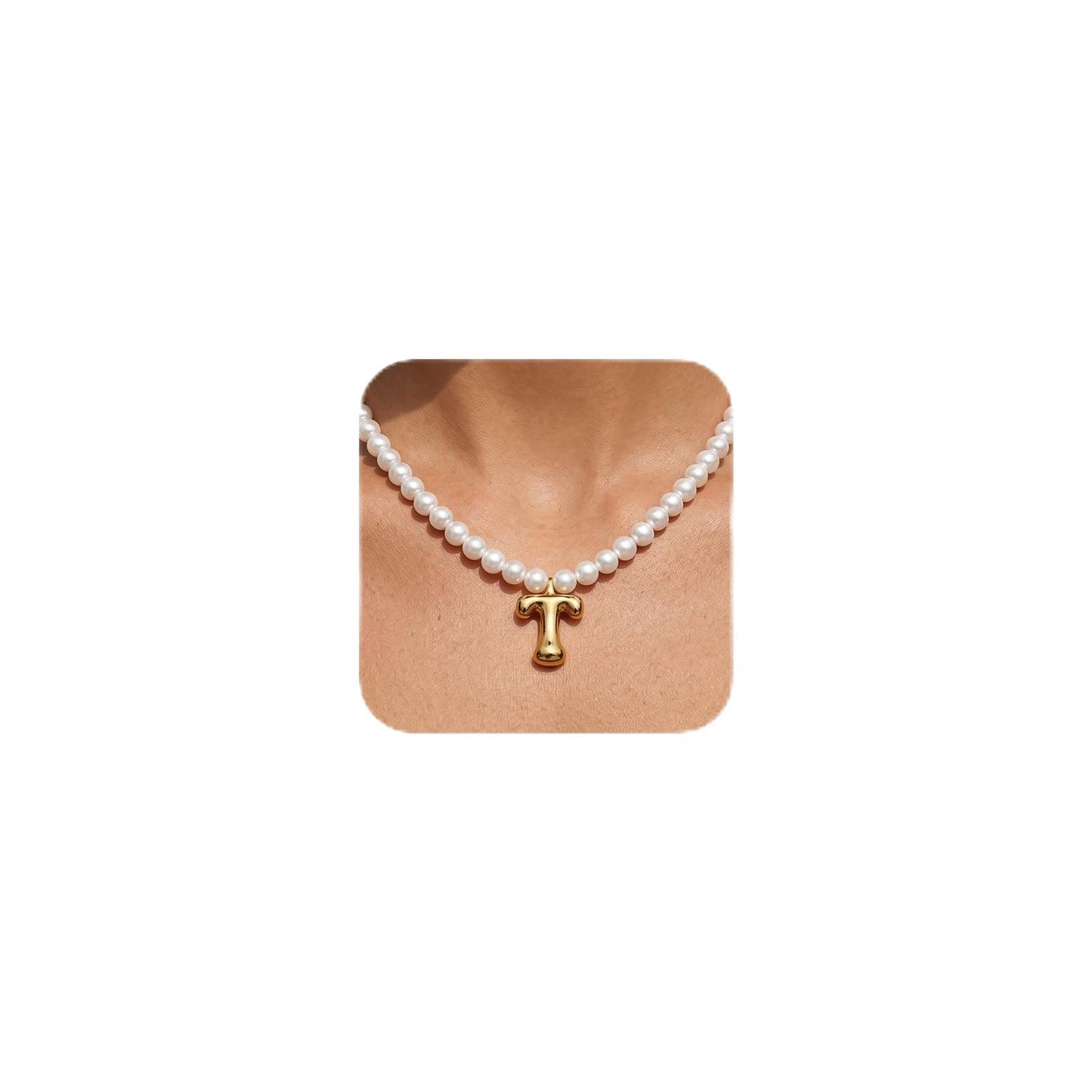 DoDoBeads Pearl Initial Necklace, 18K Gold Plated Stainless Steel Balloon Letter Pendant T, Non-Tarnish Waterproof Chunky Monogram Jewelry Gifts for Women Teens
