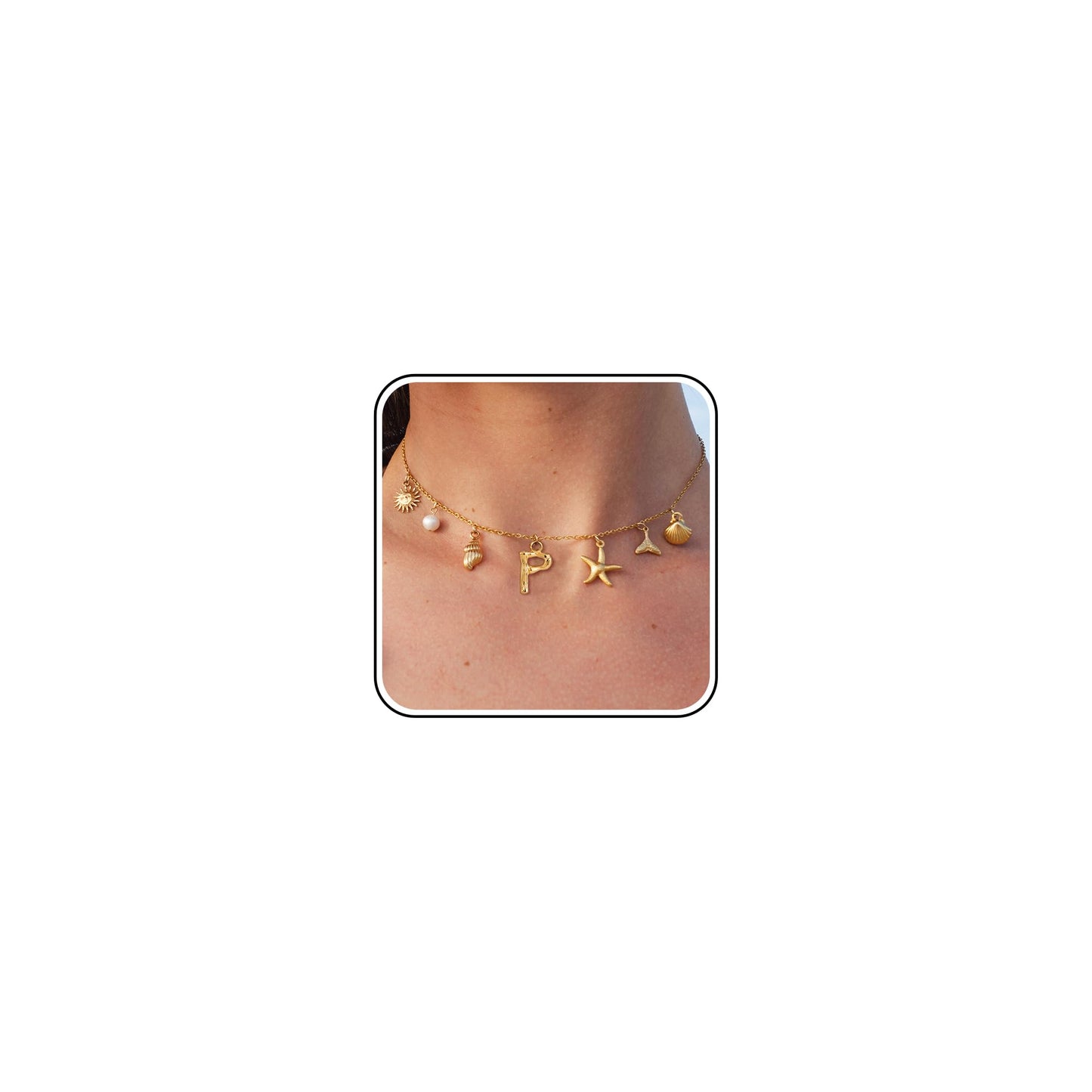 SLOONG Initial Charm Necklace 14K Gold Plated Letter Neckalce Freshwater Pearl Necklace Choker Boho Summer Seashell Beach Starfish Surfer Jewelry Gifts for Women P
