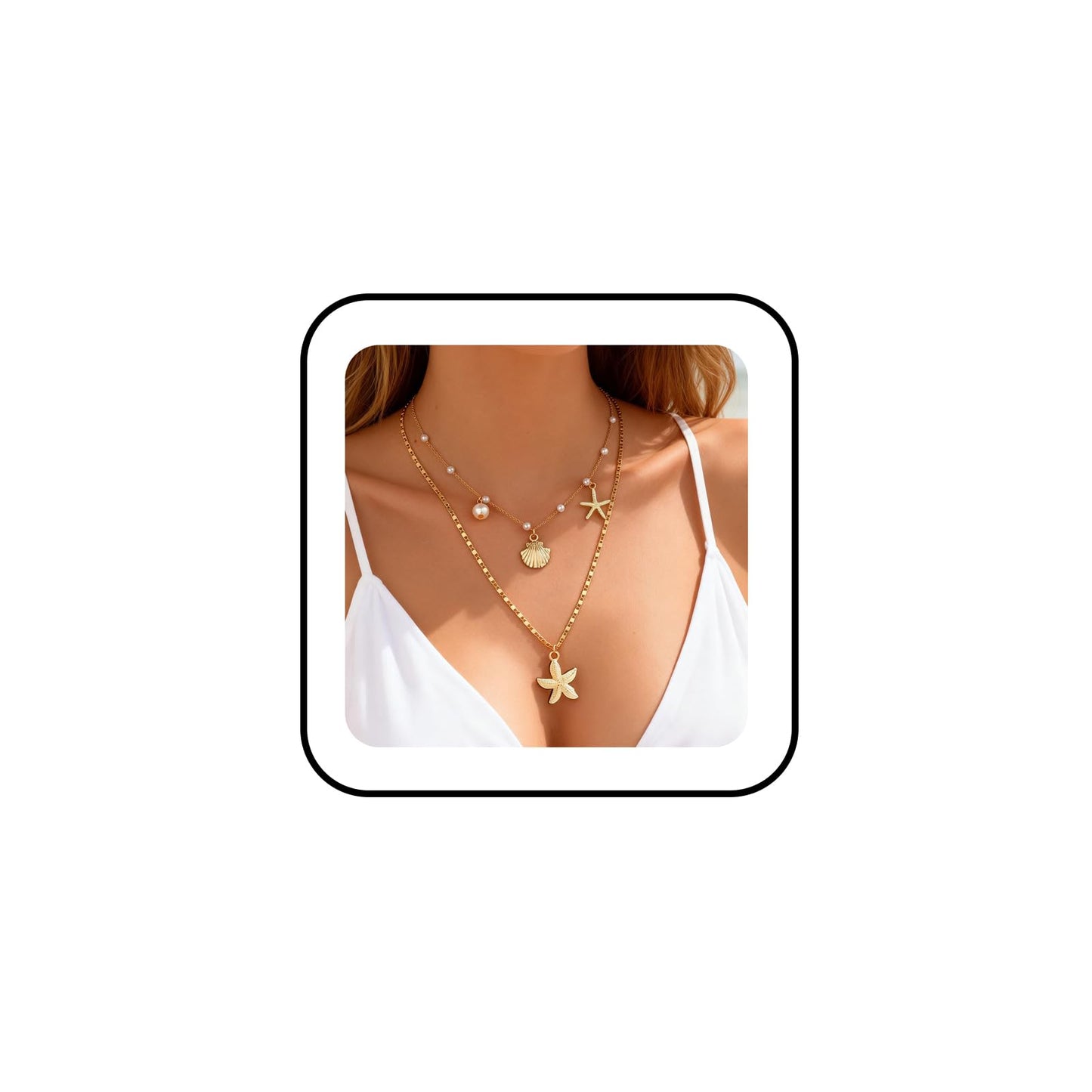 GYRMMUE Gold Starfish Necklaces for Women Boho Seashell Pendant Layered Necklaces Set Dainty Ocean Beach Charm Necklace Hawaiian Shell Stackable Beaded Necklace Summer Vacation Jewelry (Gold)
