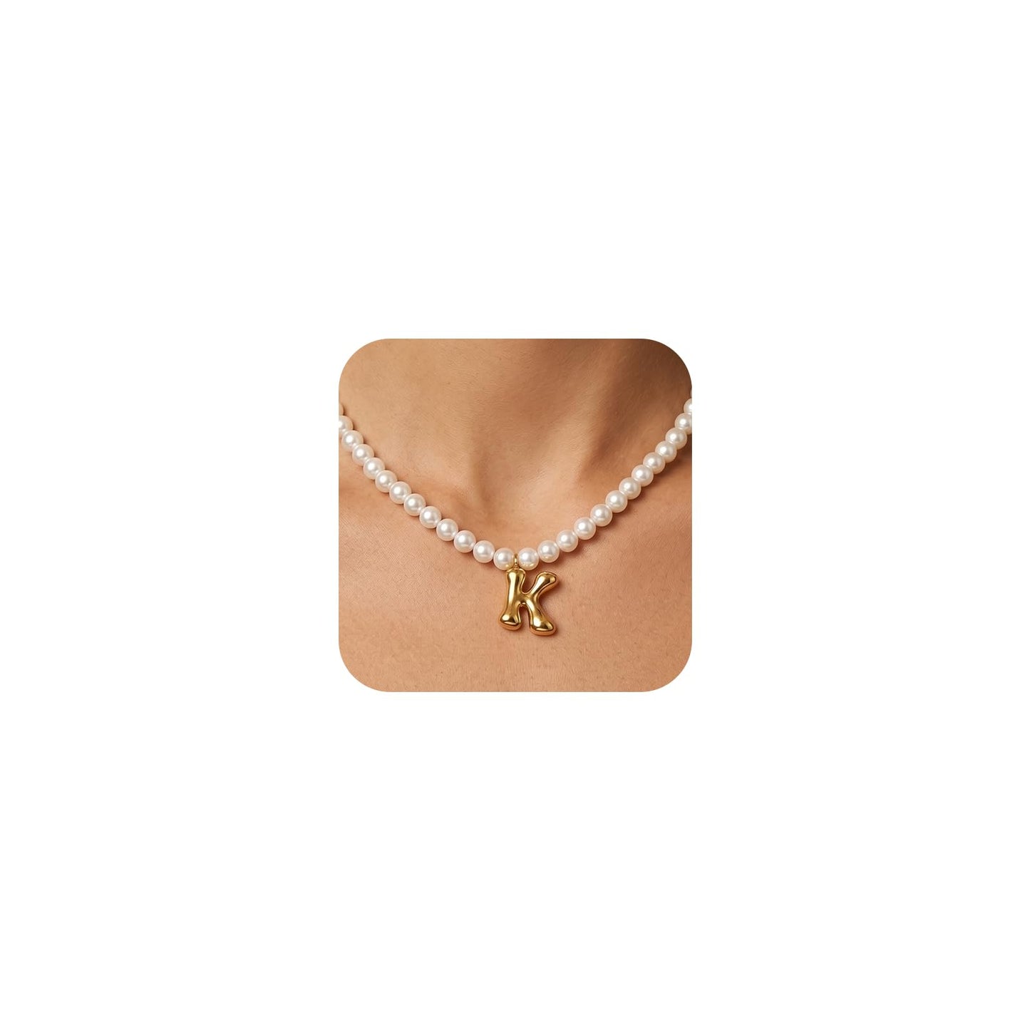 DoDoBeads Pearl Initial Necklace, 18K Gold Plated Stainless Steel Balloon Letter Pendant K, Non-Tarnish Waterproof Chunky Monogram Jewelry Gifts for Women Teens