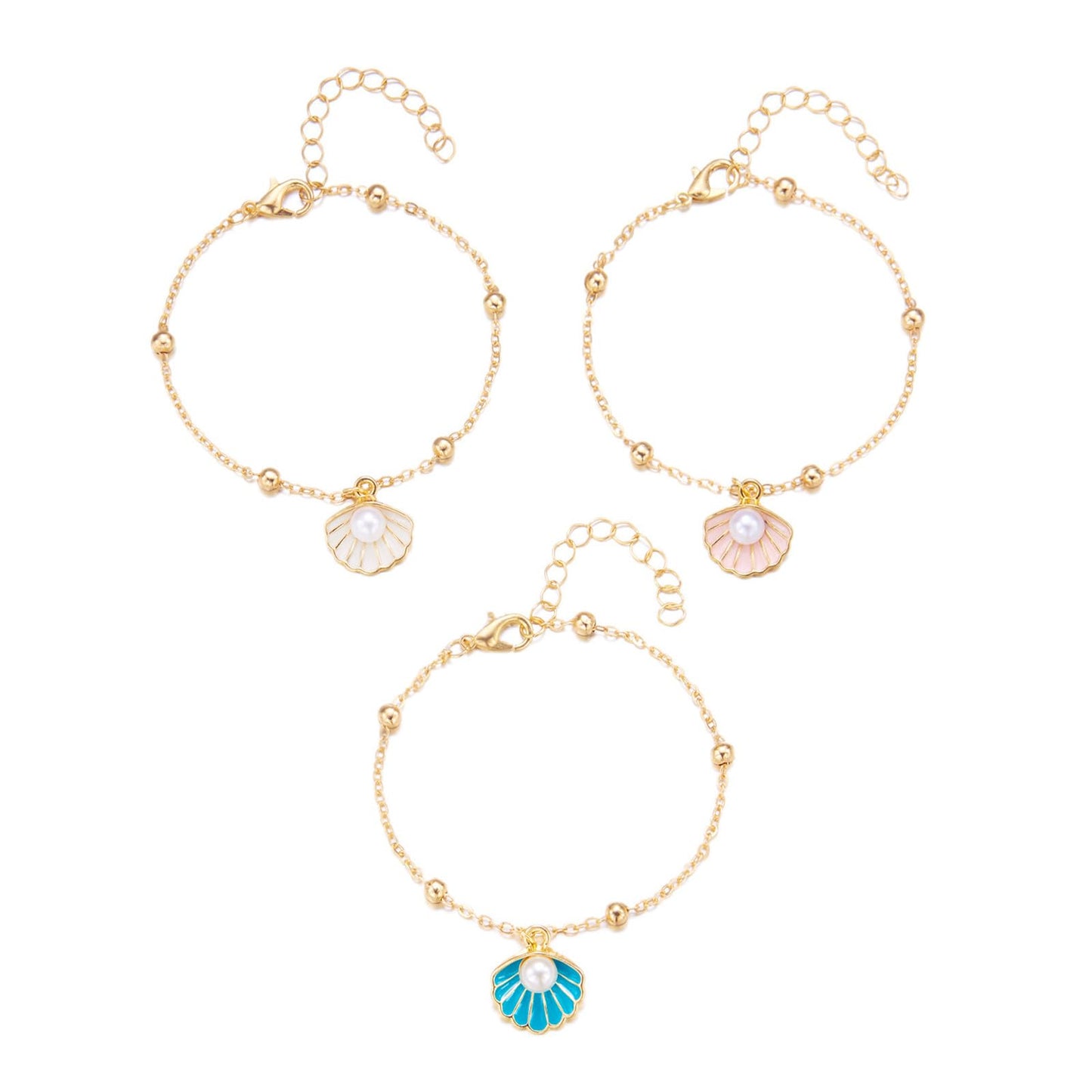 Seashell Pearl Bracelets Set Gold Plated Layered Boho Enamel Pink Sea Shell Starfish Mermaid Conch White Pearls Charm Ankle Bracelet for Women Summer Hawaiian Beach Vacation Fashion Jewelry (3pcs bracelets)