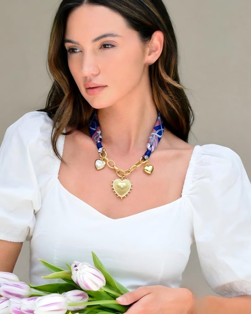 FAUTHENTICUTE Heart Charm Necklace For Women Boho Blue Printed Scarf Necklace Short Summer Statement Necklace Gift Perfect for Western & Boho Styles