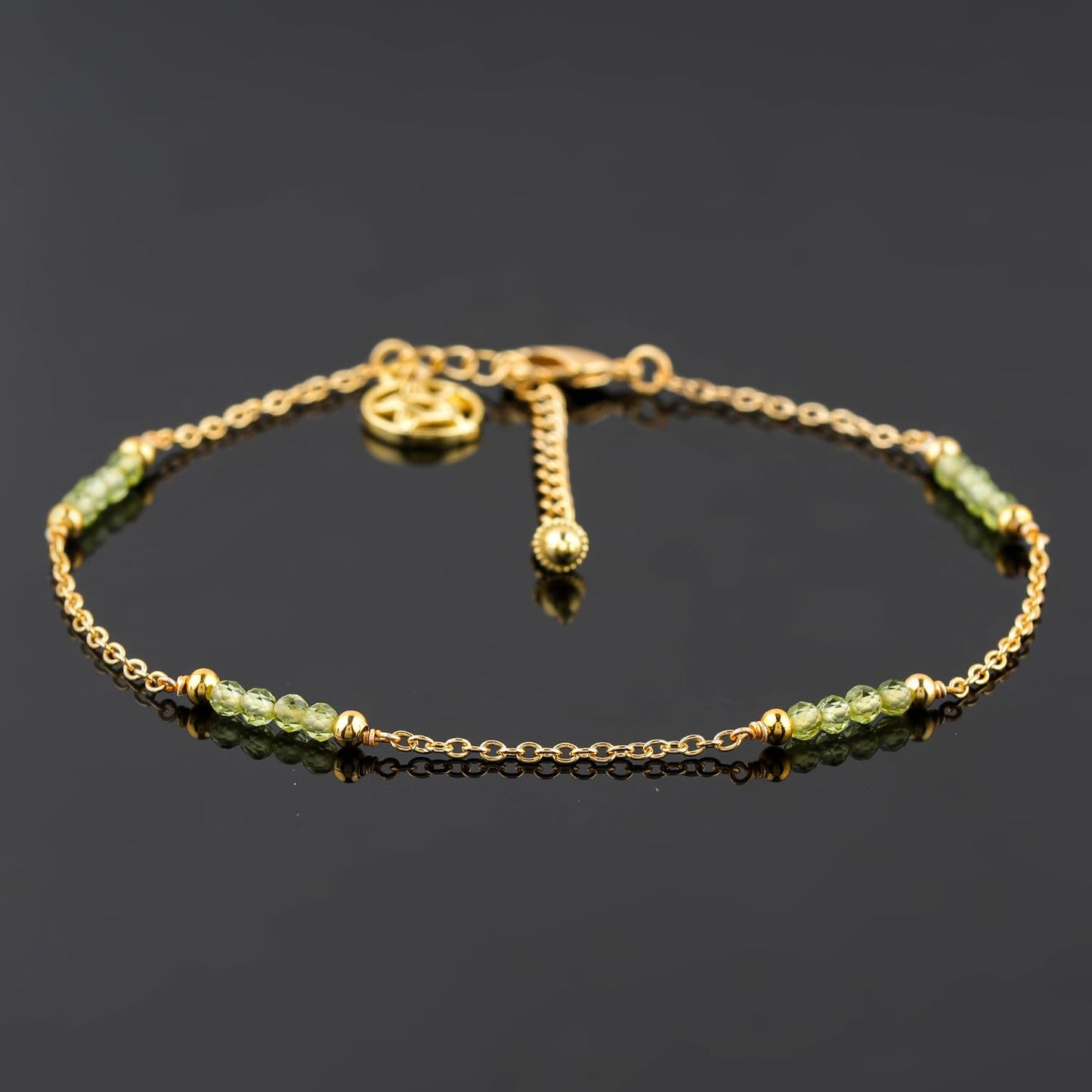 CRYSTALINES Natural Peridot Gemstone Beads, Handmade Station Dangle Star Charms Anklet, 14K Gold Plated, Adjustable Fashion Boho Jewelry for Women, Healing Crystals, Christmas Gift