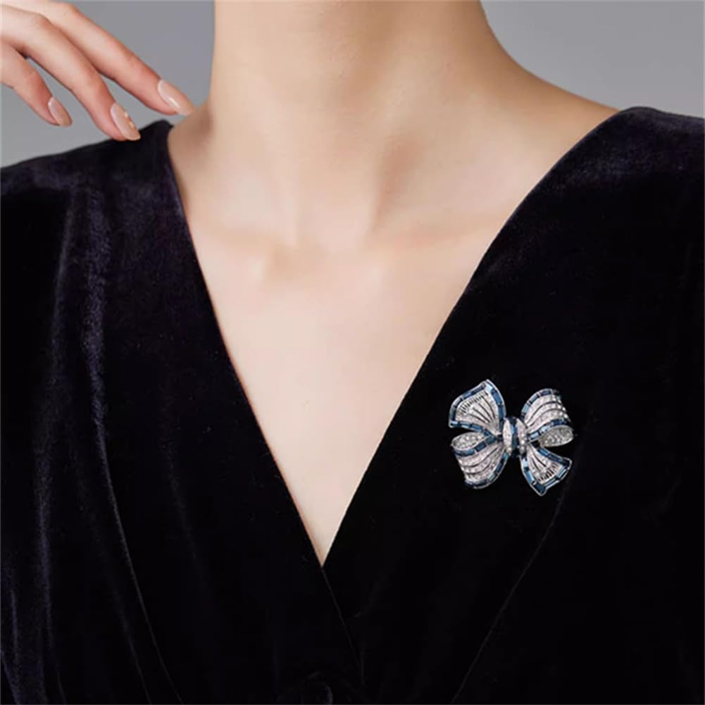 songbowen Rhinestone Bow Collar Brooch Crystal bow Brooch Pin Vintage Blue Sparkling lapel pin Crystal Collar Pin Ribbon Bow brooch Badge Clothing Accessory Women's Jewelry Gift