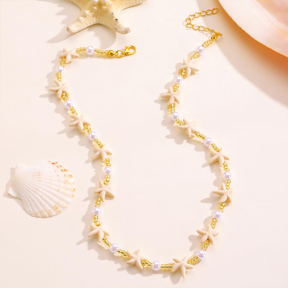 Dainty Starfish Pearl Beaded Choker Necklace, Layered Sea Shell Pearls Pendant Star Beads Necklaces for Women Chic Sweet Beach Coastal Party Jewelry Gift (Gold 1)