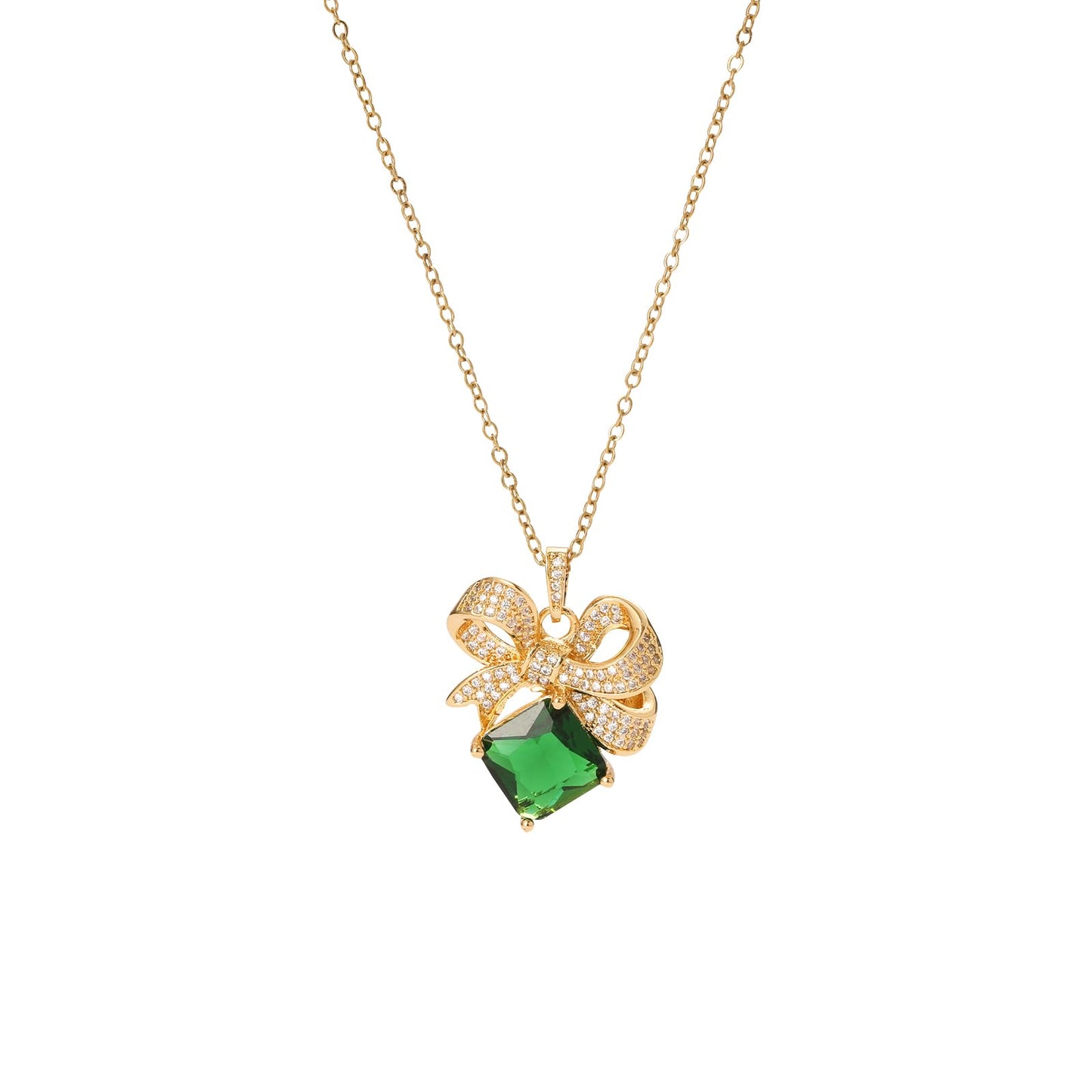 Emerald Square Bow Necklace for Women-Gold Plated May Birthstone Healing Crystal Vintage Necklace For Valentines Day Mother's Day Christmas Birthday Gifts