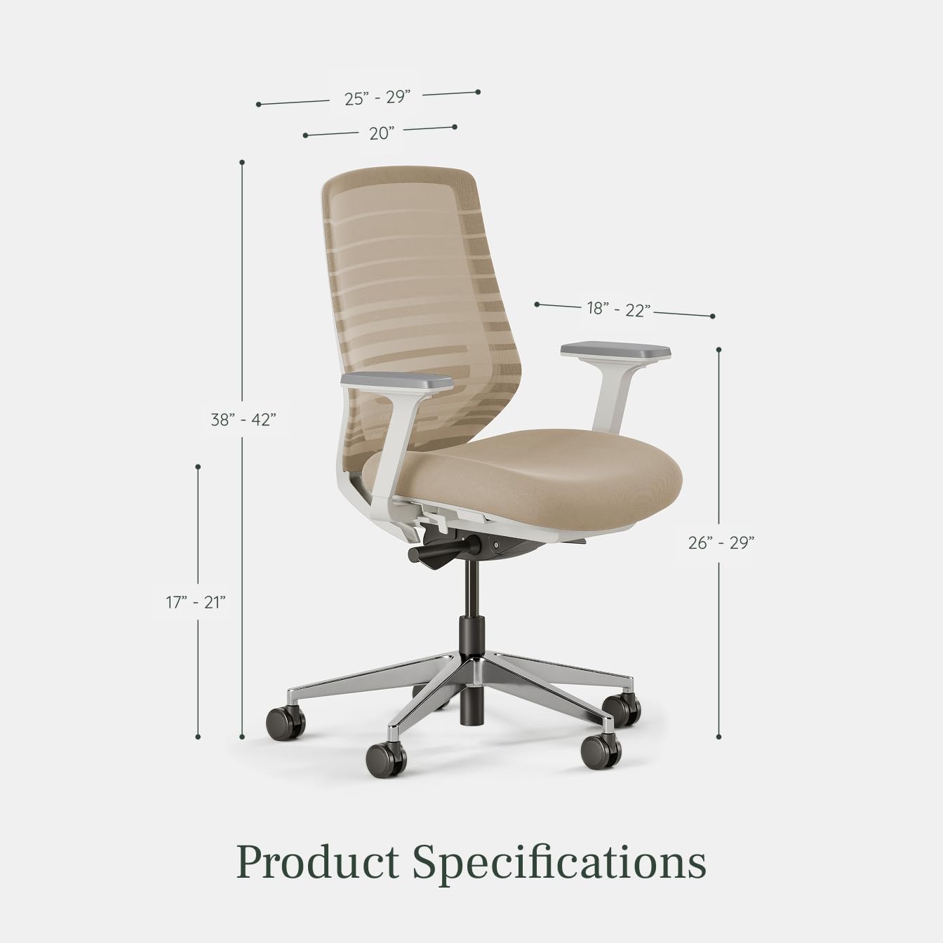Branch Ergonomic Chair - A Versatile Desk Chair with Adjustable Lumbar Support, Breathable Mesh Backrest, and Smooth Wheels - Experience Optimal Comfort and Support - Sand - White
