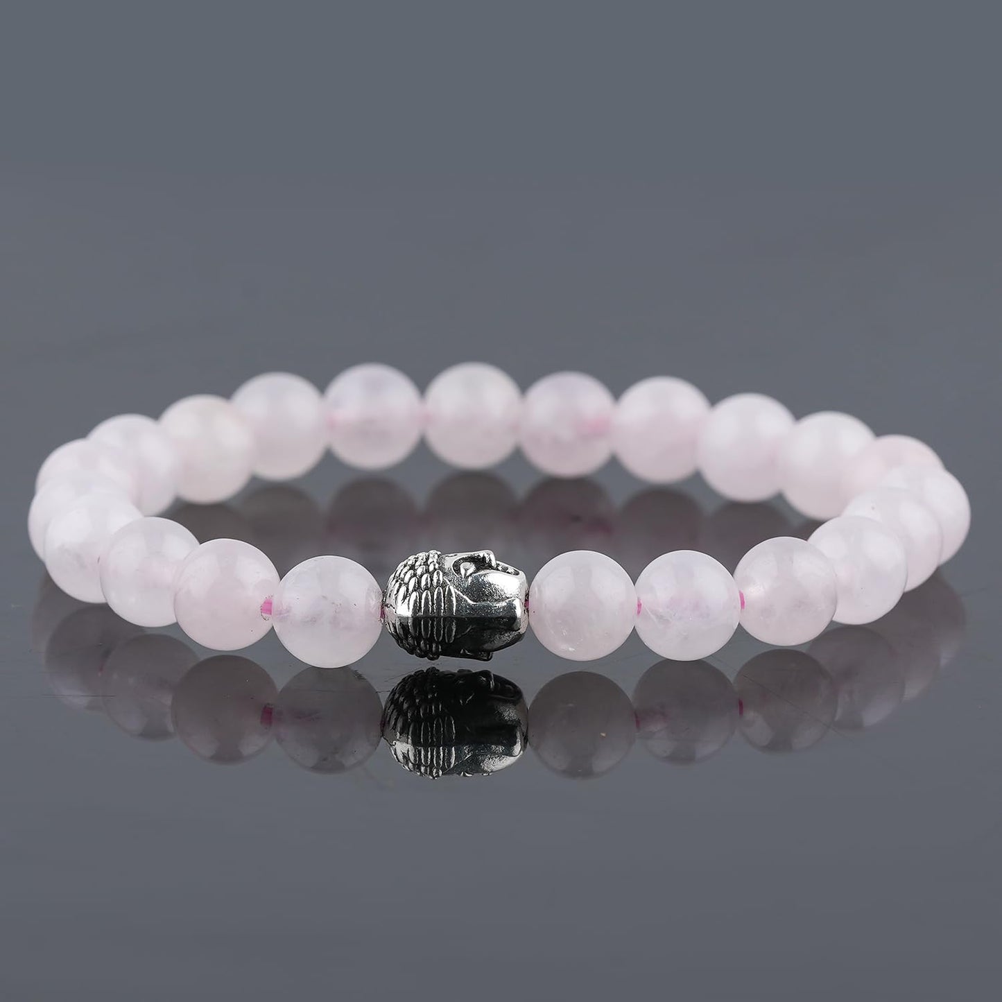 CRYSTALINES Buddha Charm Stretchable Braceclet, Natural Rose Quartz Gemstone Beads, Plain Round Stones, Handmade Boho Strech Bracelet, Adjustable Spiritual Healing Crystal Unisex Jewelry Gift