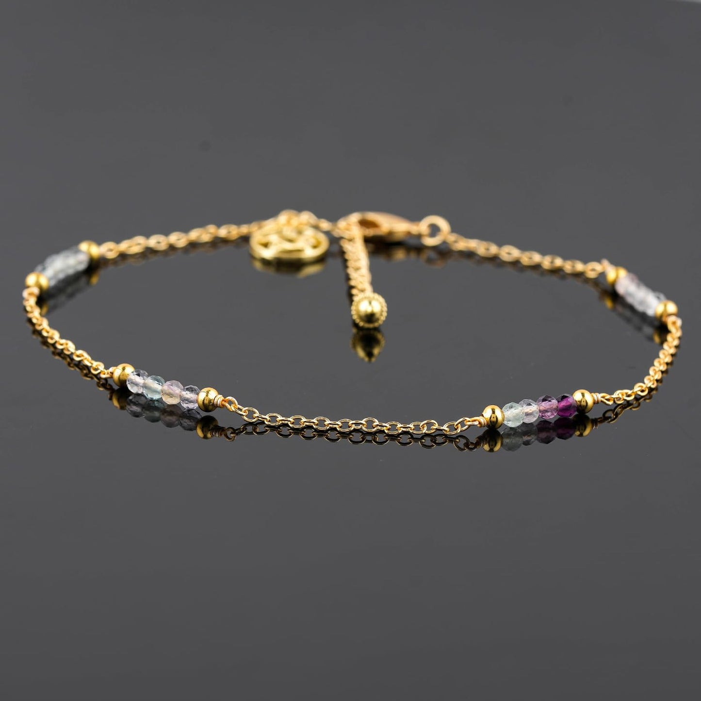 CRYSTALINES Natural Multi Fluorite Gemstone Beads, Handmade Station Dangle Star Charms Anklet, 14K Gold Plated, Adjustable Fashion Boho Jewelry for Women, Healing Crystals, Christmas Gift