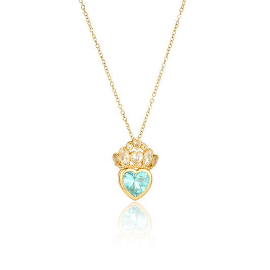 crataly Gold Plated Crown Aquamarine Heart Necklace for Women-March Birthstone Princess Necklace For Valentine's Day Mother's Day Christmas Birthday Gifts