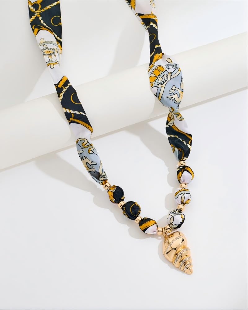 FAUTHENTICUTE Gold Conch Shell Pendant Necklace With Black Printed Ribbon Boho Silk Scarf Statement Necklace for Women Summer Beach Choker Necklaces