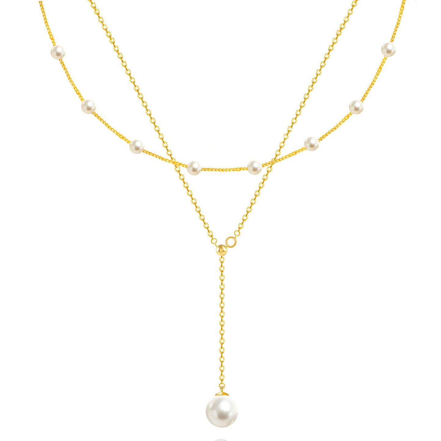 OGD Pearl Necklaces for Women Trendy 14K Gold Plated Dainty Pearls Satellite Choker Strand Handmade Delicate Wedding Pearl Gold Lariat Pendant Long Necklace Simple Cute Jewelry Gifts for Women