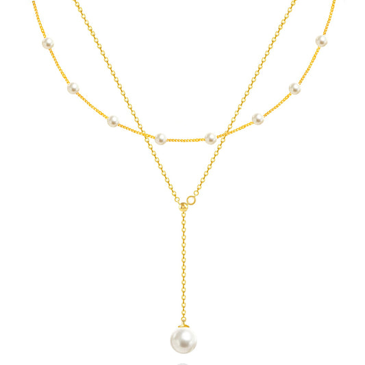 OGD Pearl Necklaces for Women Trendy 14K Gold Plated Dainty Pearls Satellite Choker Strand Handmade Delicate Wedding Pearl Gold Lariat Pendant Long Necklace Simple Cute Jewelry Gifts for Women