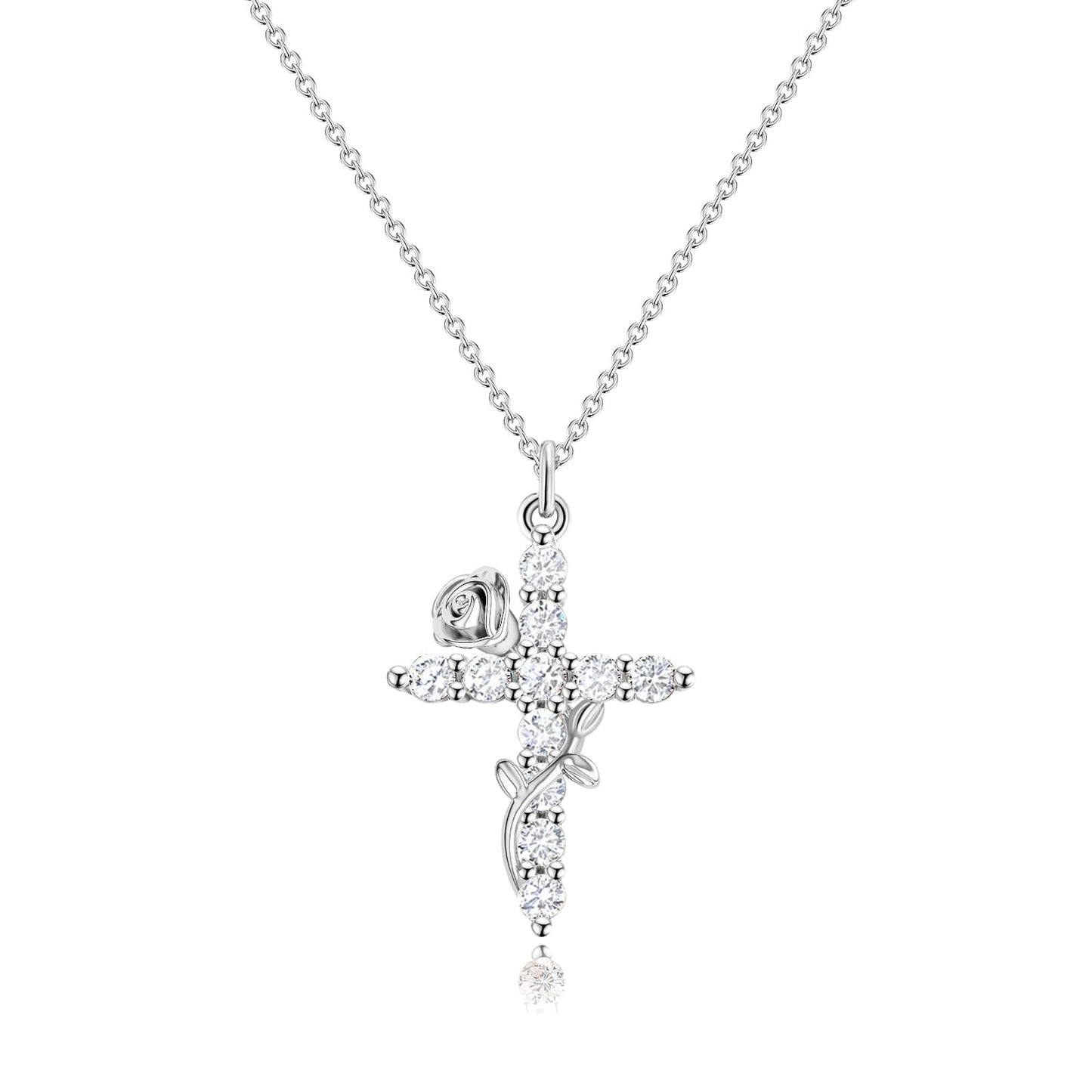 Robaice Flower Cross Necklace for Women, Sterling Silver Plated Dainty Cubic Zirconia Faith Cross Pendant, Christian Religious Jewelry Gifts
