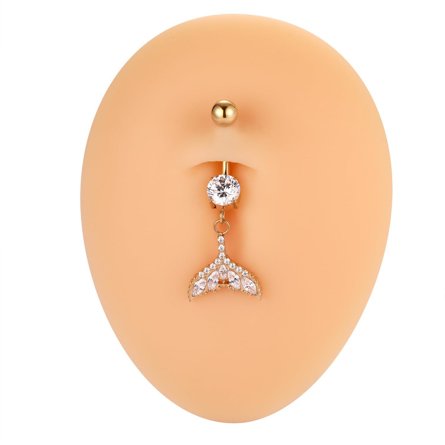 PEAKLINK Dangle Belly Jewelry 14G Internally Threaded Navel Piercing Gold Belly Button Ring 10mm for Women Titanium Curved Barbell with Fishtail CZ Navel Belly Bars