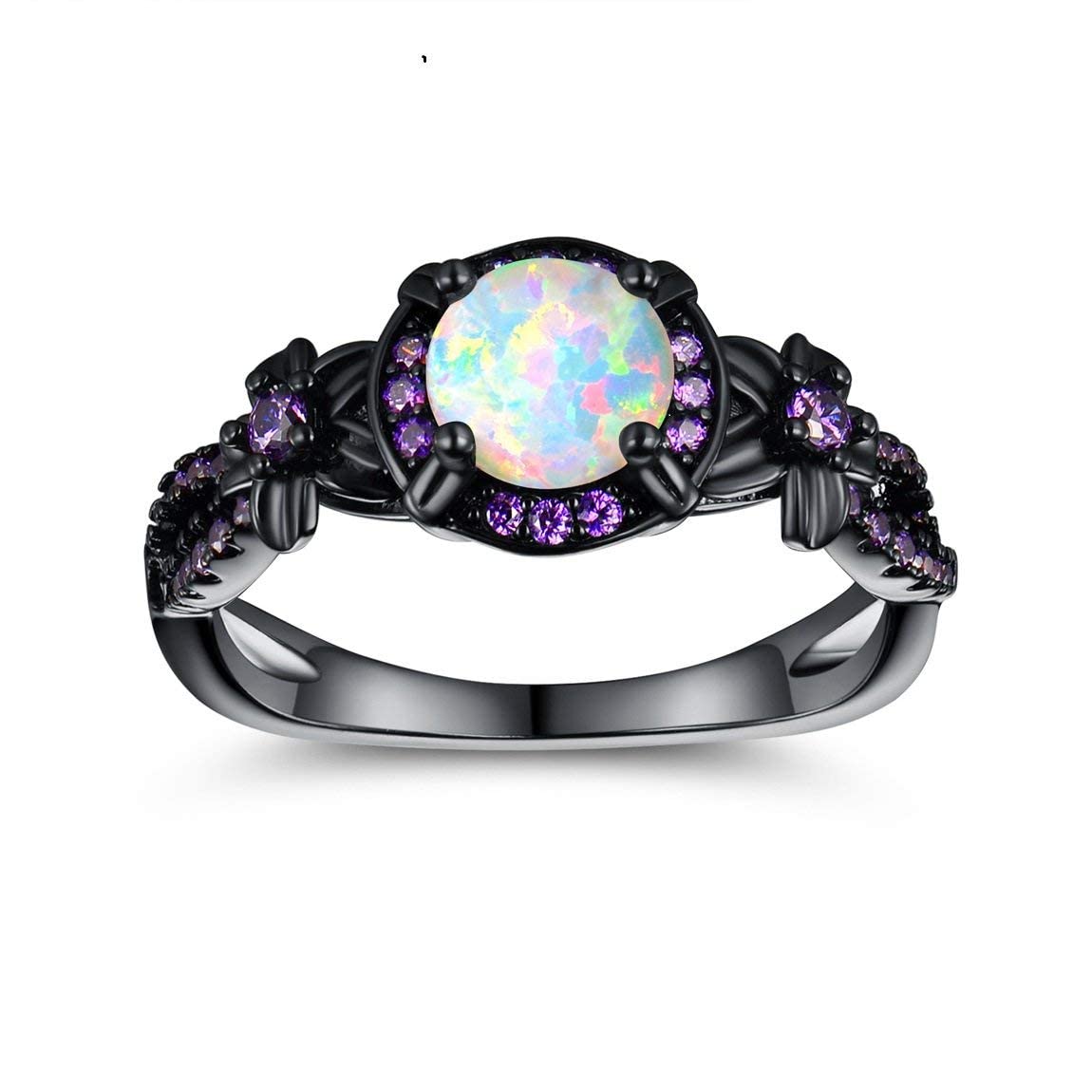 18K Black Gold Plated White Fire Opal Rings for Women October's Birthstone Gemstone Created Amethyst Eternity Wedding Engagement Promise Band (8)