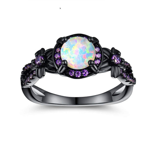18K Black Gold Plated White Fire Opal Rings for Women October's Birthstone Gemstone Created Amethyst Eternity Wedding Engagement Promise Band (7)