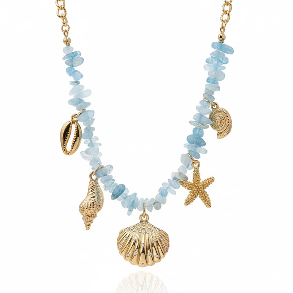 MERGEWORLD Dainty Gold Sea shell Necklace For Women – Ocean Charm Jewelry for Women, Delicate Starfish Beach Necklace with Sea Blue Natural Stone, Elegant Beach Gifts & Everyday Gold Chain