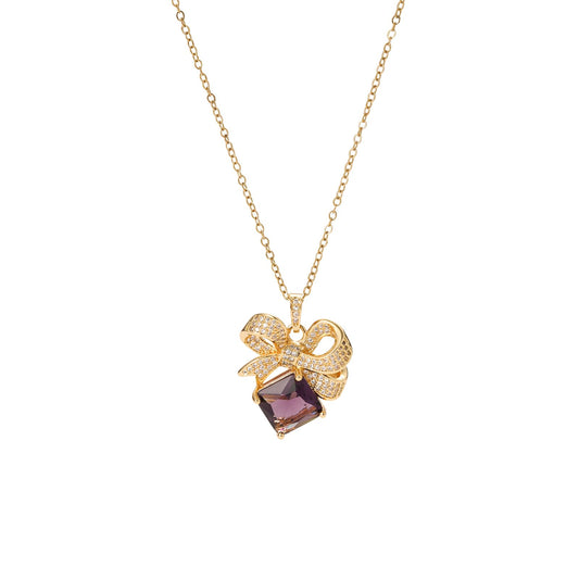 Purple Baroque Square February Birthstone Amethyst Bow Necklace for Women-Gold Plated Amethyst Pendant Waterproof Non Tarnish Maximalist Jewelry Necklace Birthday Valentines Day Mother's Day Christmas Thanksgiving Gifts
