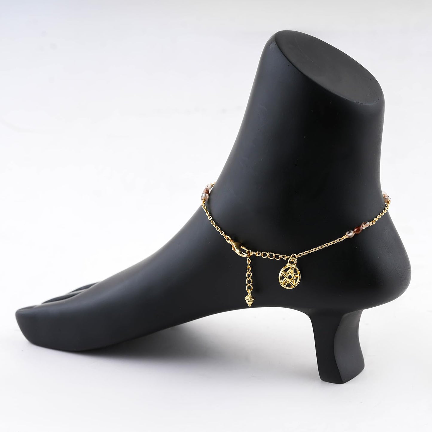CRYSTALINES Natural Imperial Zircon Gemstone Nuggets Beads, Handmade Station Dangle Star Charms Anklet, 14K Gold Plated, Adjustable Fashion Boho Jewelry for Women, Healing Crystals, Christmas Gift