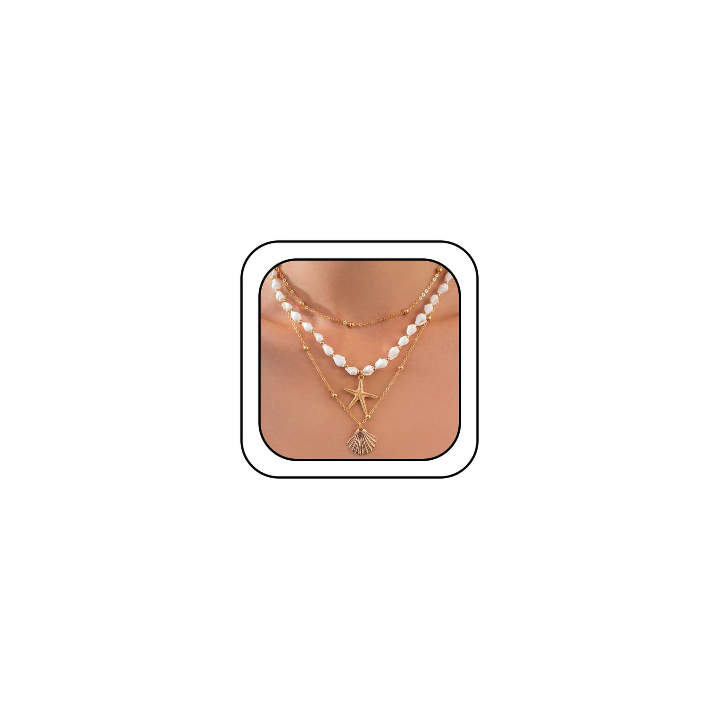 Gold Starfish Conch Oval Pearl SeaShell Necklace for Women Trendy, Statement Boho Shell Pearls Beaded Chain Necklaces Holiday Beach Party Jewelry (Gold-1)