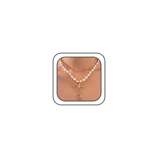 Gold Starfish Conch Oval Pearl SeaShell Necklace for Women Trendy, Statement Boho Shell Pearls Beaded Chain Necklaces Holiday Beach Party Jewelry (Gold-1)