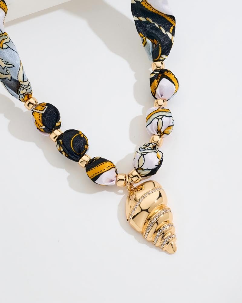 FAUTHENTICUTE Gold Conch Shell Pendant Necklace With Black Printed Ribbon Boho Silk Scarf Statement Necklace for Women Summer Beach Choker Necklaces