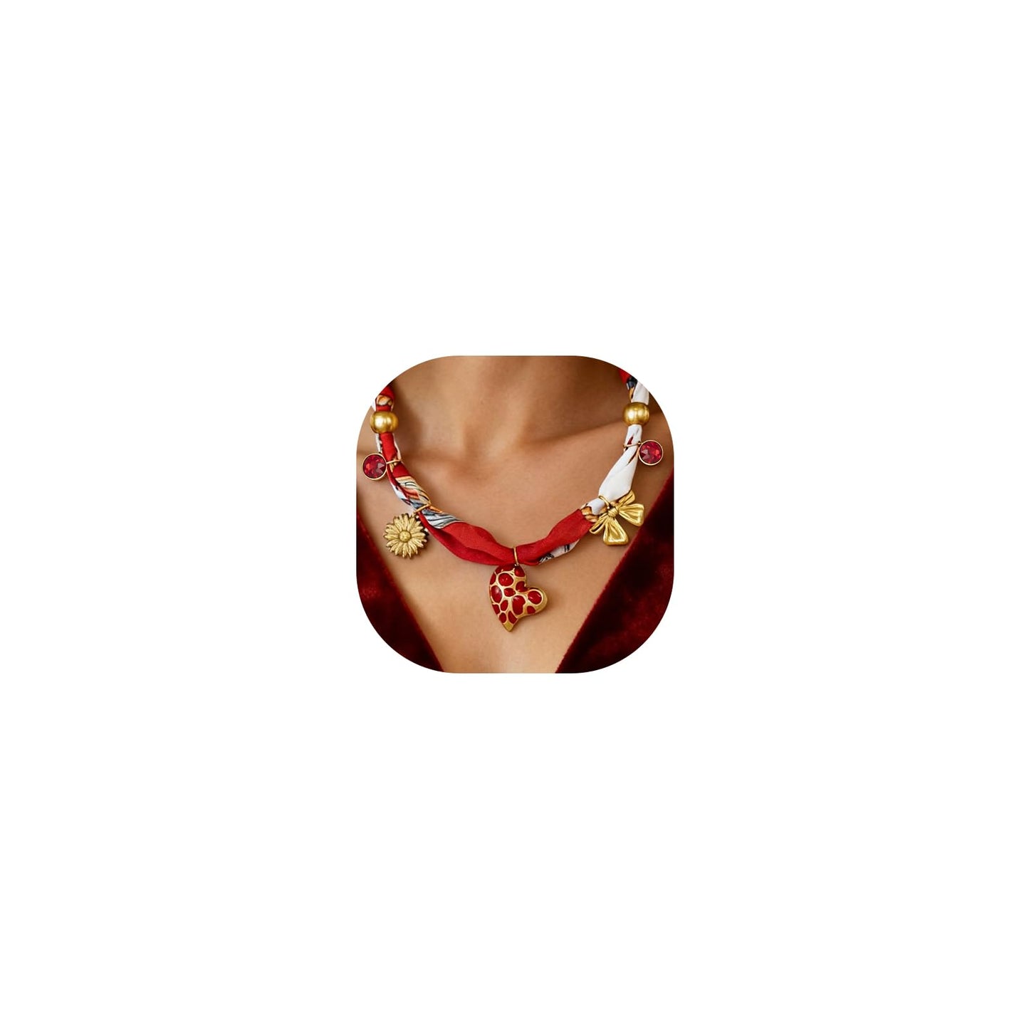 DoDoBeads Scarf Charm Necklace – Vintage Love – Red Enamel Heart & Bow Charm Necklace with Gold-Tone Stainless Steel Accents