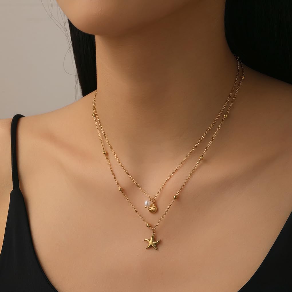 FUTIMELY Gold Shell Necklace Set,Boho Small Seashell Stacked Necklace for Women,Trendy Starfish Pendant Necklaces Beach Jewelry (Gold)