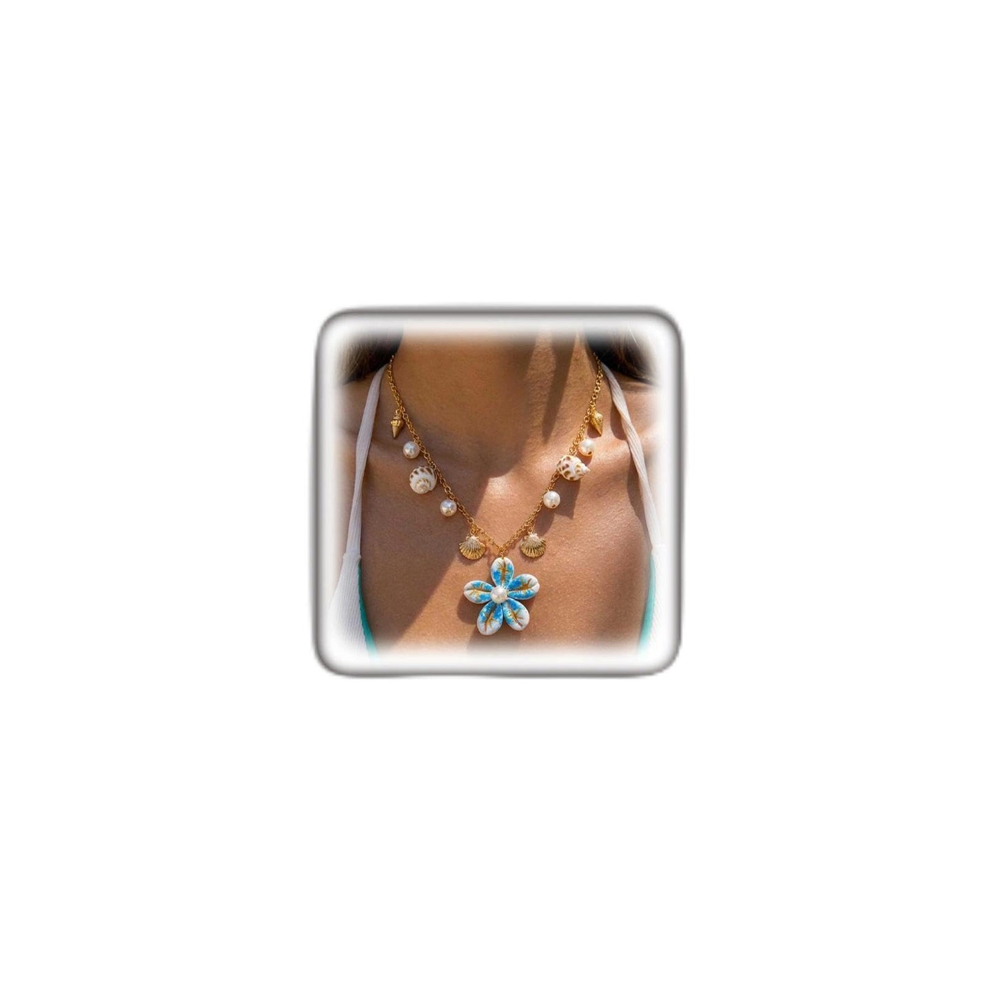 Gold Starfish Seashell Flower Charms Necklace for Women, Boho Adjustable Pearl Chain Choker Necklace Vintage Beachy Statement Jewelry Vacation Gifts (Blue)